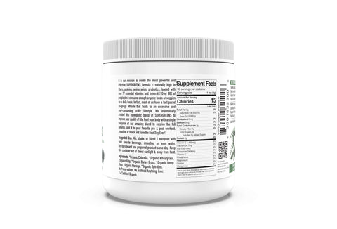 VORG SuperGreens Ingredients: Chlorella, Barley Grass, Moringa, Hemp Seed Flower, Spirulina, Kelp